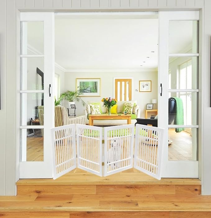 Pet Dog Gate Strong and Durable Freestanding Folding Acacia Hardwood Portable Wooden Fence Indoors or Outdoors by Urnporium (White Pet Gate, 4 Panel 24" Tall)