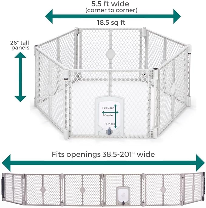 MyPet North States Petyard Passage: 6-Panel Dog Playpen or Dog Fence, Wall Mount Kit Included. Free Standing Play Pen 5.5 ft Corner to Corner, Lockable Pet Door. Made in USA. 26" Tall, Light Gray