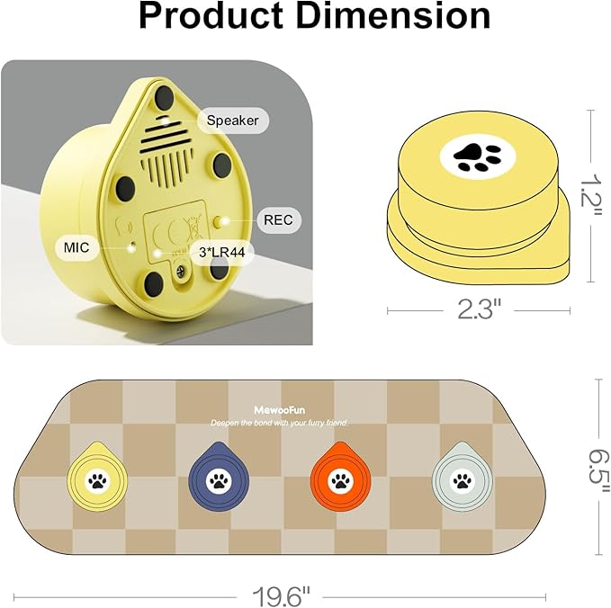 MEWOOFUN Dog Buttons Talk, Recordable Dog Clicker for Training, Dog Buttons for Communication Starter Set with Mat, Dog Talking Buttons Training Clicker for Small Dogs & Cats (Colorful, 4 Packs)