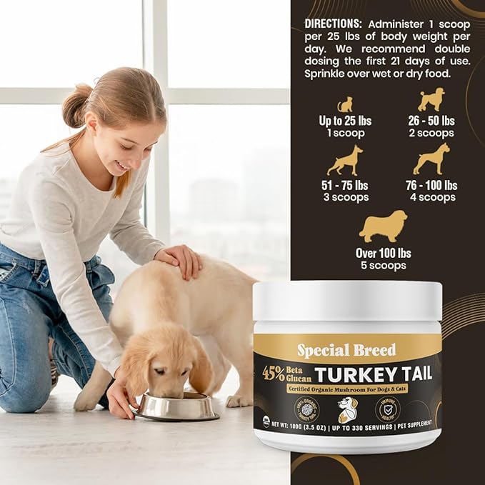 Organic Turkey Tail Mushroom for Dogs & Cats - Hot Water Extracted 45% Beta-Glucan USDA Mushroom Powder for Immune Support, Gut Health, Holistic Defense - No Fillers, Made in The USA - 330 Scoops