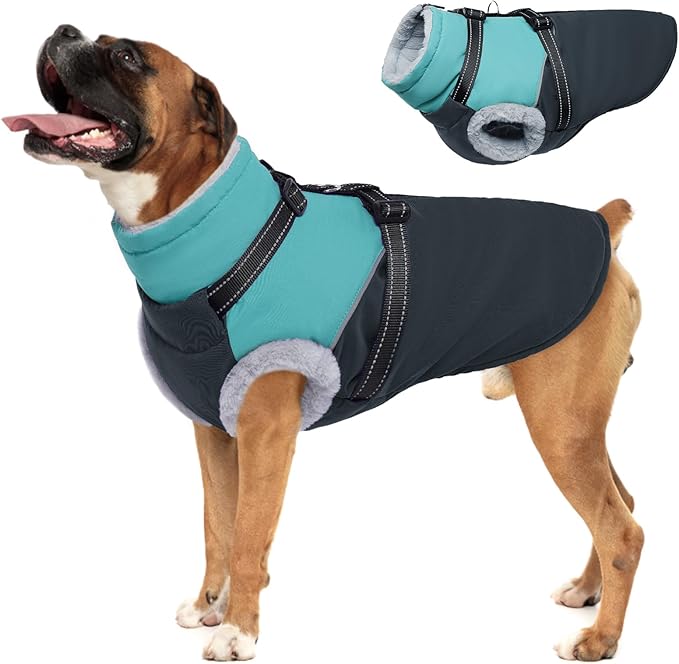 Warm Dog Coat with Harness - Waterproof, Windproof, Fleece Lined Puffer Jacket for Large Dogs - Snow Jacket for Winter