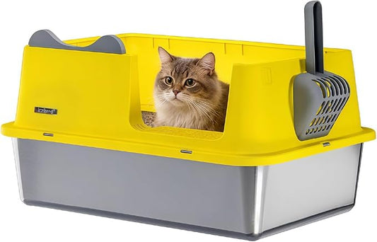 Stainless Steel Cat Litter Box, Open Top High-Sided Metal Litter Box with Scoop, Extra Large Litter Boxes for Kitty Kitten and Big Cats, Anti-Urine Leakage, Non-Sticky, Easy to Clean (Yellow)