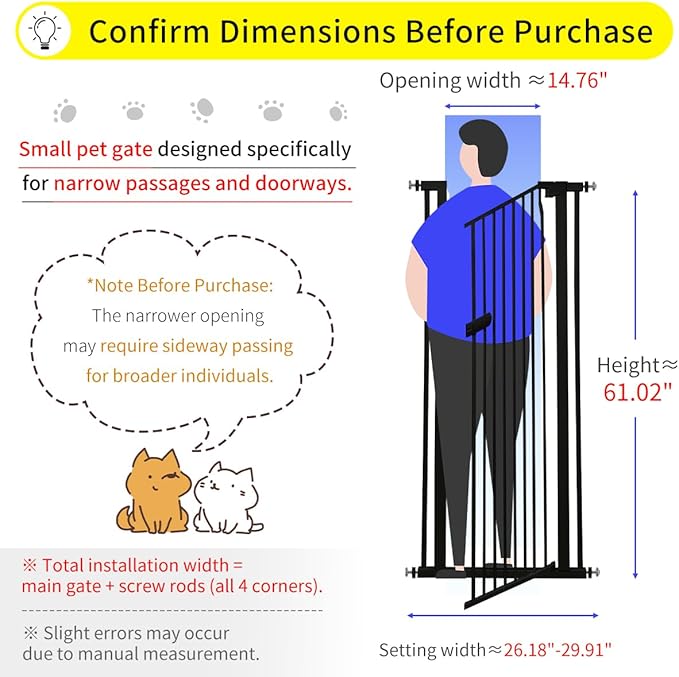 Lumizone Extra Tall Cat Gate 61.02" High Pressure Mounted Extra Wide 2025 New (17 Sizes) 1.37" Gap No Drilling Auto-Close One-Handed Operation Tall Pet Gate for Dogs(Black, 26.18"-29.91"/66.5-75.5cm)