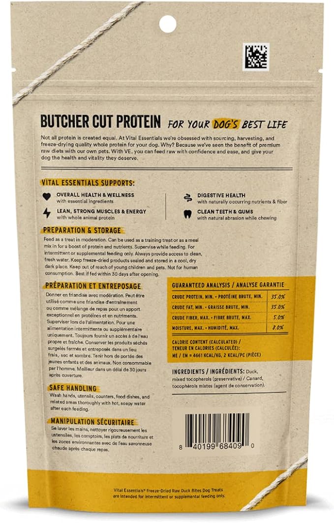 Vital Essentials Duck Bites Dog Treats, 2 oz | Freeze-Dried Raw | Single Protein | Premium Quality High Protein Training Treats | Grain Free, Gluten Free, Filler Free