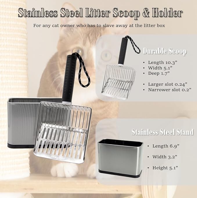 Metal Cat Litter Scoop with Holder, Stainless Steel Cat Litter Scooper Holder Trash Container, Heavy-Duty Kitty Poop Scooper with Coarse and Fine Grids for All Litter Pan