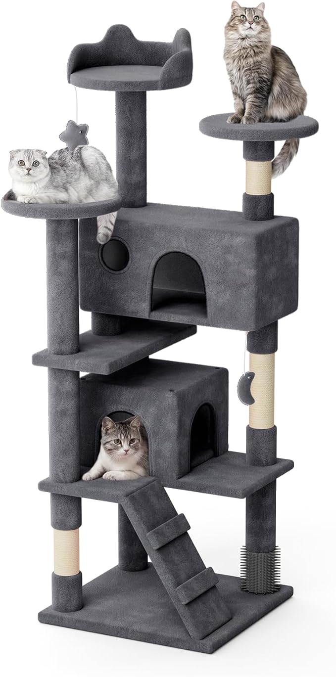 Magshion Cat Tree 60" Cats Tower for Indoor Cats, Multi-Level Cat Condo with Scratching Post, Top Perch, Sisal Board and Dangling Ball, Cat Stand Jumping Platform Kittens Pet Play House (Smoke Grey)