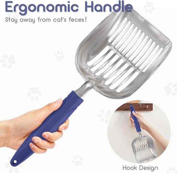Cat Litter Scoop, Metal Cat Scooper, Plastic Handle Scoop, Sifting Shovel – Heavy Duty Aluminum Alloy Litter Box Scoop with Deep Mesh, Design for Easy Waste Removal and Cleaning(Dark Blue)