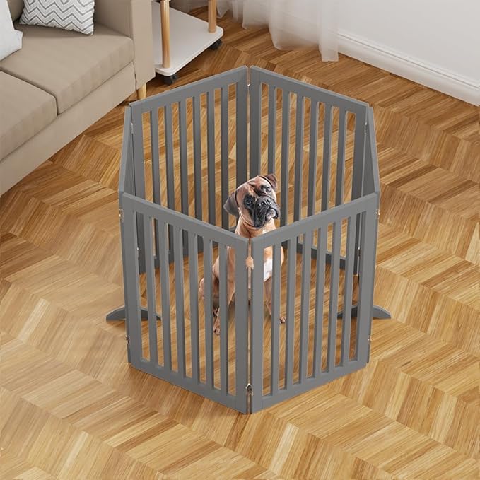 unipaws 120" Extra Wide Pet Gate, Free Standing Dog Gate for Doorways, Stairs, Foldable Gate & Room Divider, Wooden Puppy Playpen, Expandable Barrier for The House, Indoor Use (36" H, Grey)