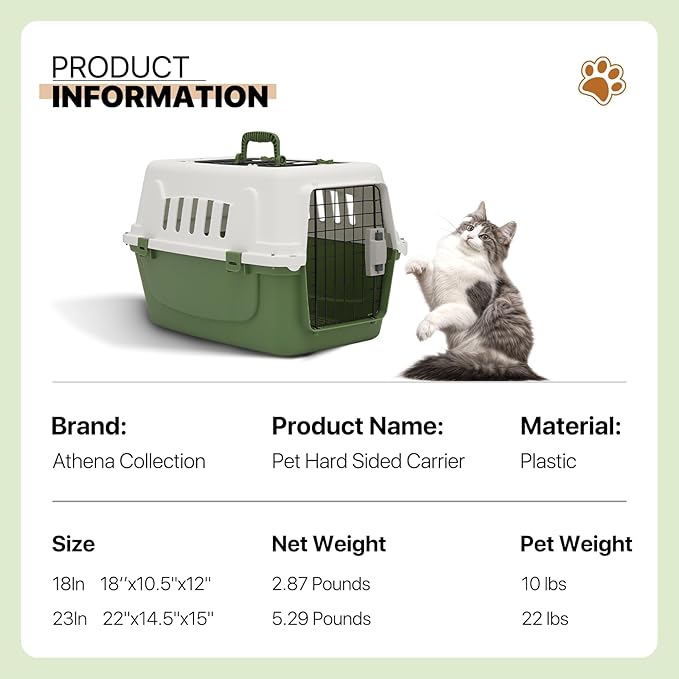 Athena Collection 22" Hard-Sided Travel Pet Carrier for Small Dogs and Cats, Plastic Dog Crate with 2-Door Top & Front Load, Ventilation, Security Lock, Cat Dog Carrier for Pet, up to 22lbs, Green