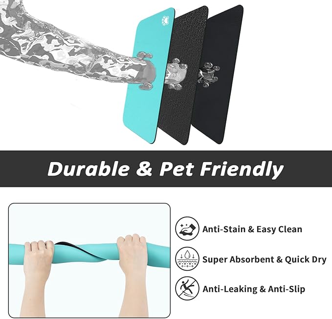 Pet Feeding Mat - Absorbent Dog Mat for Food and Water, No Stains Cat Bowl Mat, Easy to Clean Pet Placemats, Quick Dry Dog Water Dispenser Mat for Messy Drinkers | Paw Teal 16"x 24"