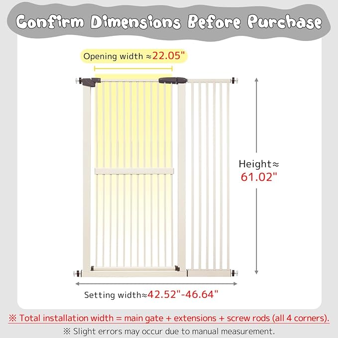Lumizone Extra Tall Cat Gate 61.02" High Pressure Mounted Extra Wide 42.52"-46.64" (17Sizes) 1.37" Gap No Drilling Auto-Close Tall Pet Gate for Dogs (Cream, 42.52"-46.64"/108-118cm)