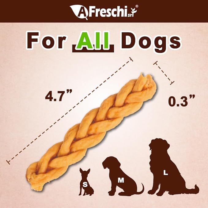 Afreschi Turkey Tendon Braided Stick 3.5 oz, Dog Treats for Classic Series, All Natural Human Grade Dog Treat, Suitable for Training chew, USA-Sourced Turkey Tendon, Rawhide Alternative