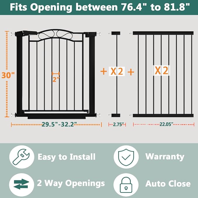 76.4"-81.8" Extra Wide Baby Gate for Doorways, Pressure Mount Metal Long Dog Gates for House Stairs, Auto Close Safety Child Gate with Walk Thru Door No Drilling, Large Tension Pet Gate Indoor, Black