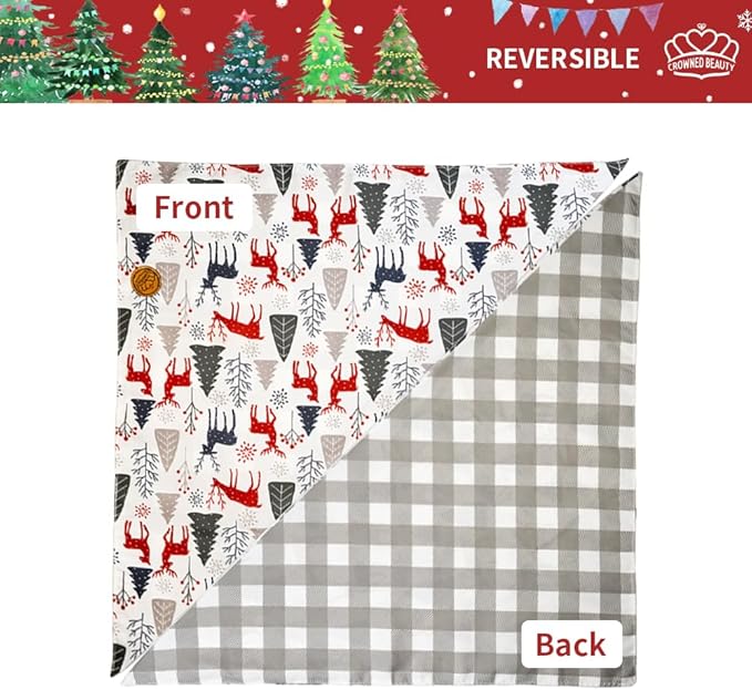 CROWNED BEAUTY Christmas Dog Bandanas Reversible Large 2 Pack, Forest Reindeer Set, Adjustable Triangle Scarves for Medium Large Extra Large Dogs Girl Boy Pets DB85-L