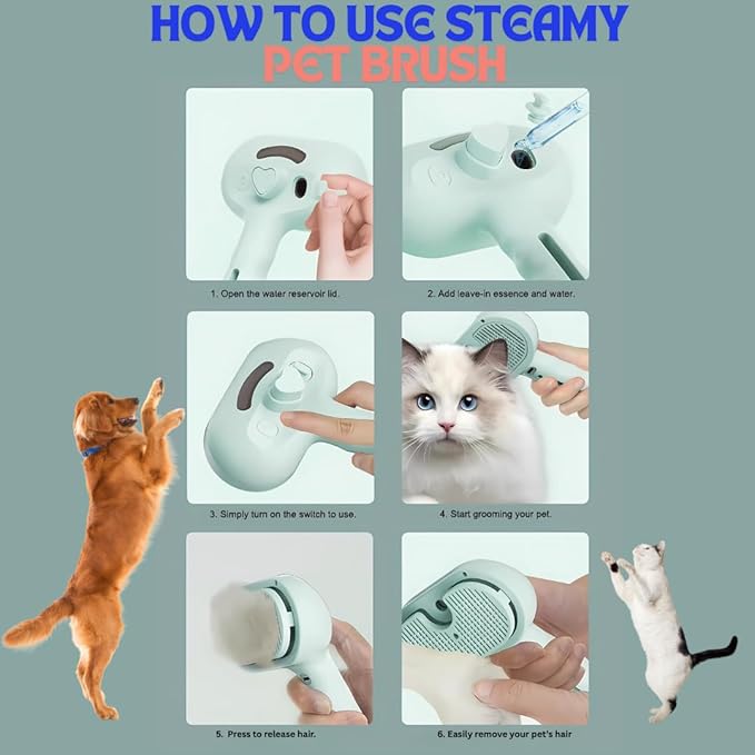 Pet Steam Brush for Cats Dogs, 3-in-1 Cat Grooming Tool with Water Spray and Quick Hair Release Button, Hair Removal Comb for Shedding, Steamy Brush (Geen)