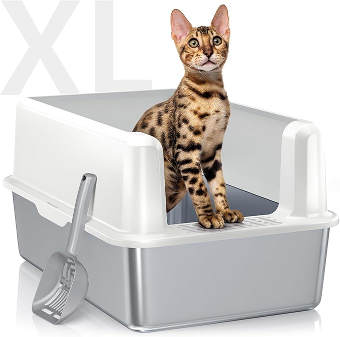 Stainless Steel Cat Litter Box with Lid, XL Metal Litter Box for Big Cats, Extra Large Litter Box with High Sides, Never Absorbs Odors, Non-Sticky, Easy Clean, Anti-Urine Leakage, with Scoop