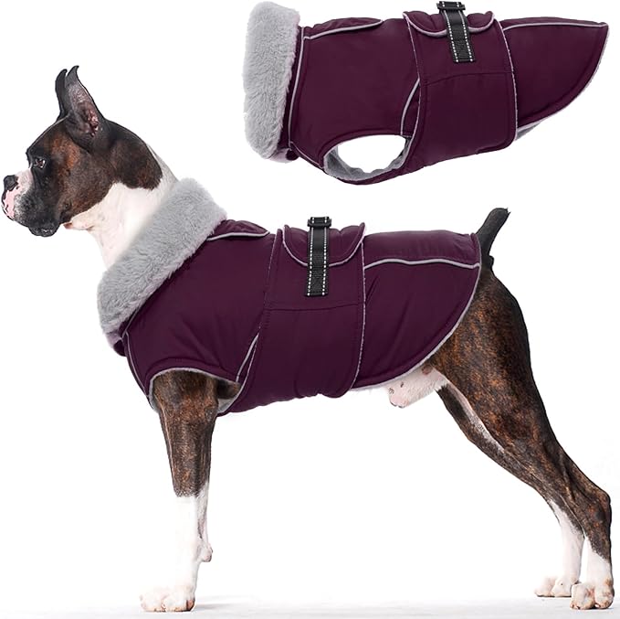 Lelepet Warm Dog Coat Reflective Fleece Vest Waterproof Dog Jacket with Adjustable Buckle Hook & Loop Windproof Cold Weather Coats for Small Medium Large Dogs, Dark Purple, M