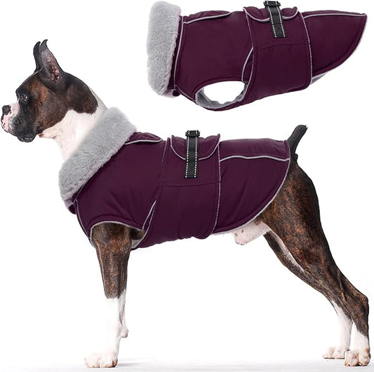 Lelepet Warm Dog Coat Reflective Fleece Vest Waterproof Dog Jacket with Adjustable Buckle Hook & Loop Windproof Cold Weather Coats for Small Medium Large Dogs, Dark Purple, S