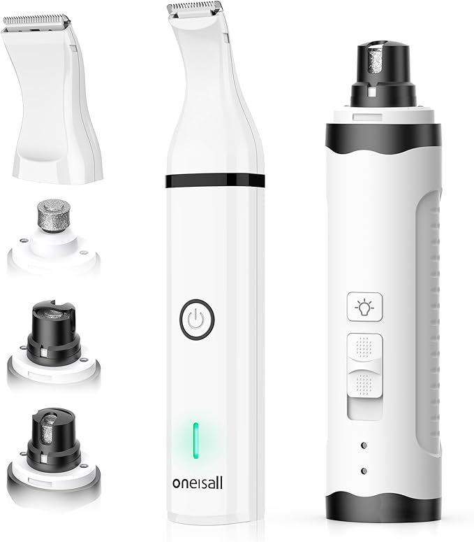 oneisall Dog Nail Grinder and Paw Trimmer Kit 2 in 1 Quiet Rechargeable Electric Pet Nail Grinder with 2 LED Lights and Cordless Dog Grooming Safe Clippers