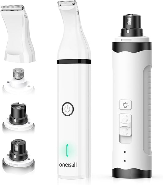 oneisall Dog Nail Grinder and Paw Trimmer Kit 2 in 1 Quiet Rechargeable Electric Pet Nail Grinder with 2 LED Lights and Cordless Dog Grooming Safe Clippers