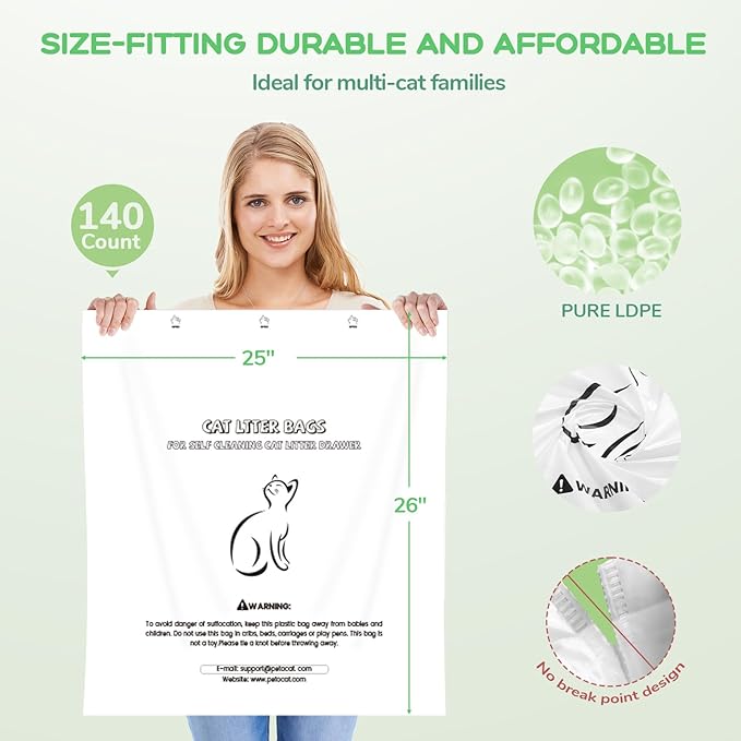 140 Count Litter Robot Bags Compatible with Robot 4 & 3, Automatic Cat Waste Drawer Liners for Most Pet Self-Cleaning Litter Box, 9-11 Gallon Capacity Replacement Disposable Kitty Poop Bag