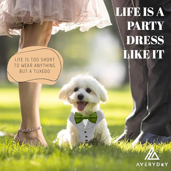 AVERYDAY Dog Tuxedo for Wedding Outfit, Dog Suit and Tie Costumes for Birthday, Halloween, Cosplay, Christmas Party, Pet Formal Wear with Bowtie, Tux for Small Dogs, Chihuahua, Bichon, Maltese, Cats