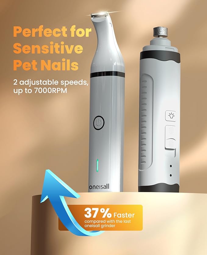 oneisall Dog Nail Grinder and Paw Trimmer Kit 2 in 1 Quiet Rechargeable Electric Pet Nail Grinder with 2 LED Lights and Cordless Dog Grooming Safe Clippers