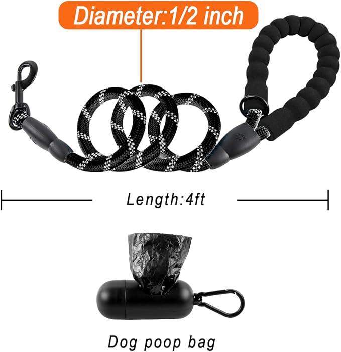 BARKBAY Dog Leashes for Large Dogs Heavy Duty Dog Leash 4/5/6 FT with Comfortable Padded Handle and Highly Reflective Threads for Medium Large Dogs Walking Training Running (4FT-1/2'',Black)