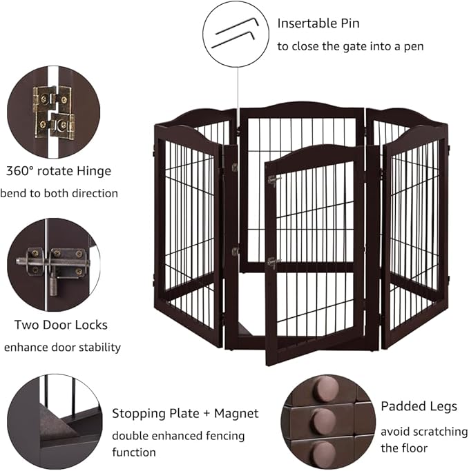 unipaws 132" Extra Wide Dog Gate and Pet Playpen, Free Standing Tall Dog Fence with Walk Through Door, Dog Barriers for Home, Use as Indoor Dogs Cats Pen, Rabbit Pen, Espresso