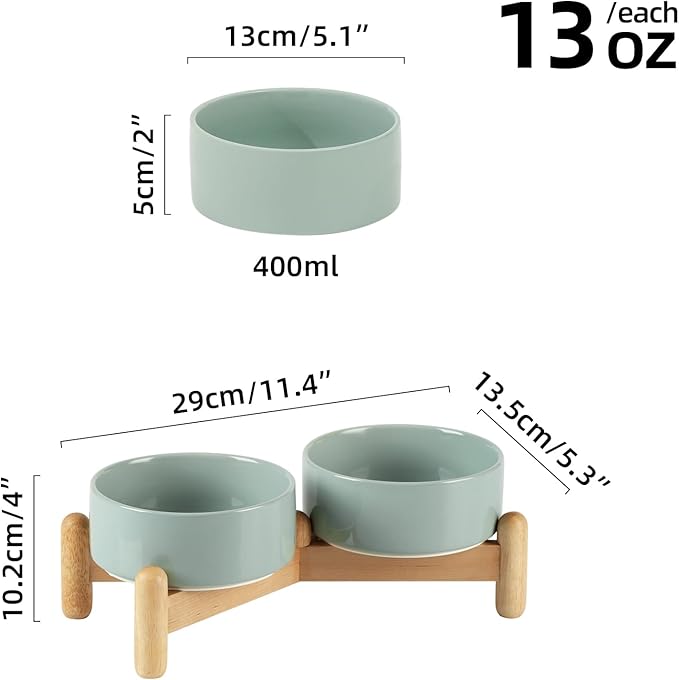 Ceramic 5.1inch Raised Double Bowls Set with Wooden Stand, Elevated Food & Water Bowls for Small Breed Dogs, Cats, Kitty, Weighted Dog Dishes, Pet Bowls(13.5oz, Light Green)