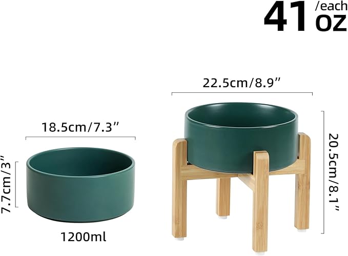 Ceramic Raised Dog Bowl Set, Elevated Dog Bowl with Stand, Food and Water Bowl for Medium Breed Dogs, Weighted Pet Dishes(7.3'',41OZ, Green)
