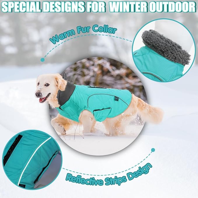EMUST Winter Coat for Large Dogs, Windproof Dog Jacket for Cold Weather, Extra Warm Dog Winter Clothes for Small Medium Large Dogs, Turquoise, XXL