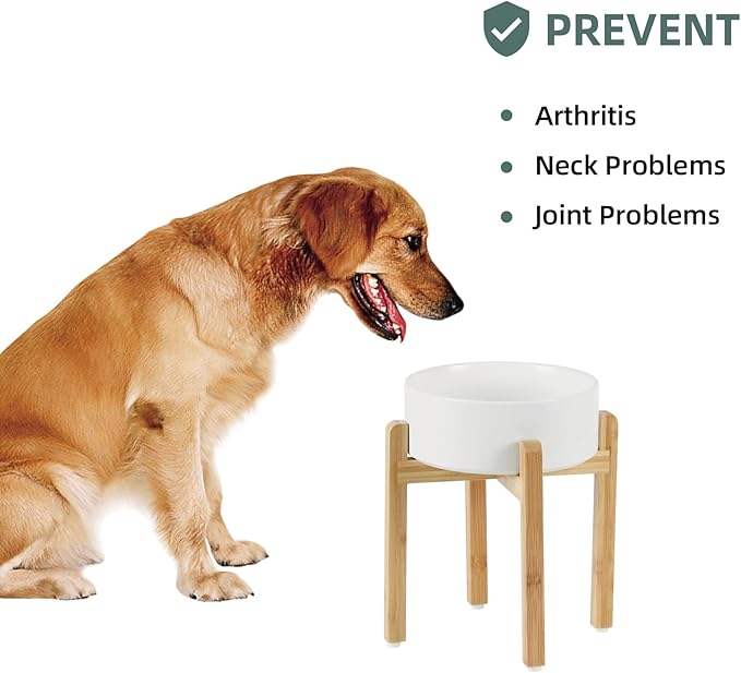 Ceramic Raised Dog Bowl Set, Elevated Dog Bowl with Stand, Food and Water Bowl for Large Breed Dogs, Weighted Pet Dishes(8.2'',60OZ, White)