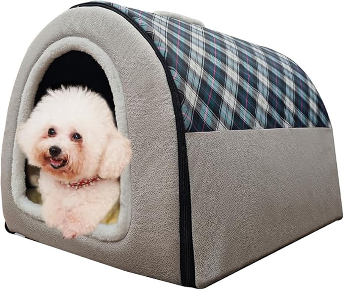 Dog Bed or Cat Bed,2 Ways to Use,Indoor Pet House with Fluffy Mat,Removable and Washable Cover,Splash-Proof House and Non-Slip Bottom,for Medium Dogs and Cats(L Plaid & Gray)