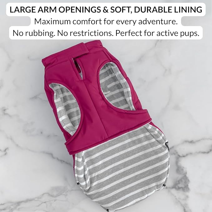 DJANGO Insulated Puffer Dog Jacket with Harness Hole – Warm, Water-Repellent Winter Dog Coat Large Dogs – Adjustable, Reflective Cold Weather Dog Apparel for Fall, Snow, Rain – Hibiscus Pink, Large