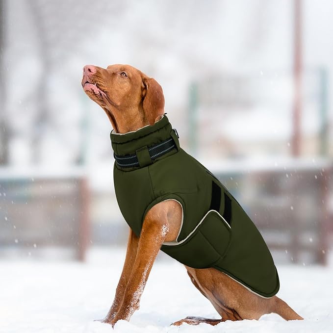 IECOii Waterproof Dog Coat for Medium Dogs, Reflective Dog Jacket with Collar Built in, Thick Fleece Dogs Coat for Winter Easy On Hook & Loop Pet Snowsuit for Hunting, Hiking, Camping, Army Green - L
