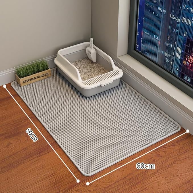 Cat Litter Mat Cat Litter Trapping Mat, 35 x 24 inch Honeycomb Double Layer Design, Urine and Water Proof Material, Scatter Control, Less Waste, Easier to Clean, Washable Gray