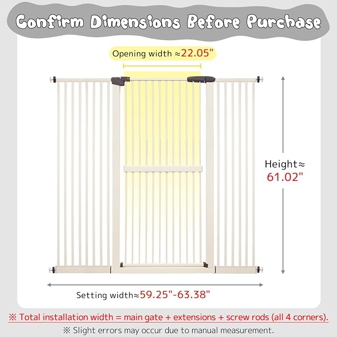Lumizone Extra Tall Cat Gate 61.02" High Pressure Mounted Extra Wide 59.25"-63.38" (17Sizes) 1.37" Gap No Drilling Auto-Close Tall Pet Gate for Dogs (Cream, 59.25"-63.38"/150.5-160.5cm)
