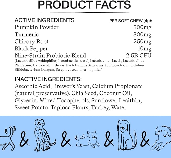 Spot & Tango Probiotics Supplements for Dogs - Vet-Approved for Healthy Digestion and Balanced Gut - Pumpkin, Turmeric, Chicory Root, Black Pepper, Nine-Strain Probiotic Blend, 56 Count