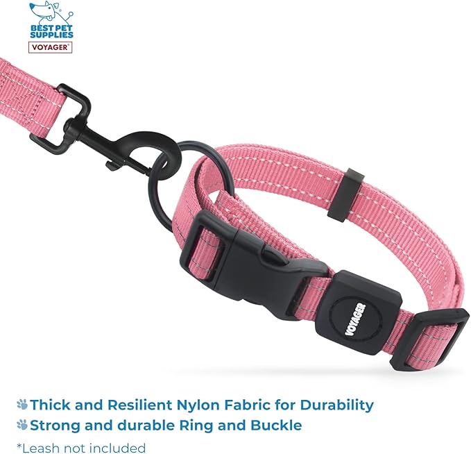 Best Pet Supplies Reflective Dog Collar with Adjustable Length, Heavy-Duty Buckle, and Strong Leash D-Ring, Training, Walking, Jogging Accessory for Small, Medium, and Large Breeds - Pink, L