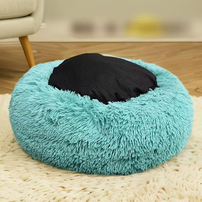 Cat Beds for Indoor Cats - Cat Bed Washable 20/24 inches, Dog Beds for Small Medium Dogs, Anti Anxiety Round Fluffy Plush Faux Fur Pet Bed, Thick Bottom (Blue, Medium)