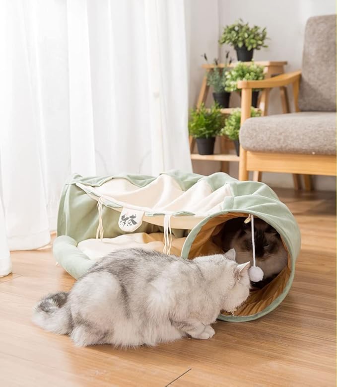 2 in 1 Cat Tunnel Bed Tube with Cushion and Plush Ball Toy Playground Crinkle Collapsible for Large Cats Kittens Kitty Puppy Small Dog Foldable Soft Pet Play Bed Indoor Outdoor - Green Cat Tunnel Bed
