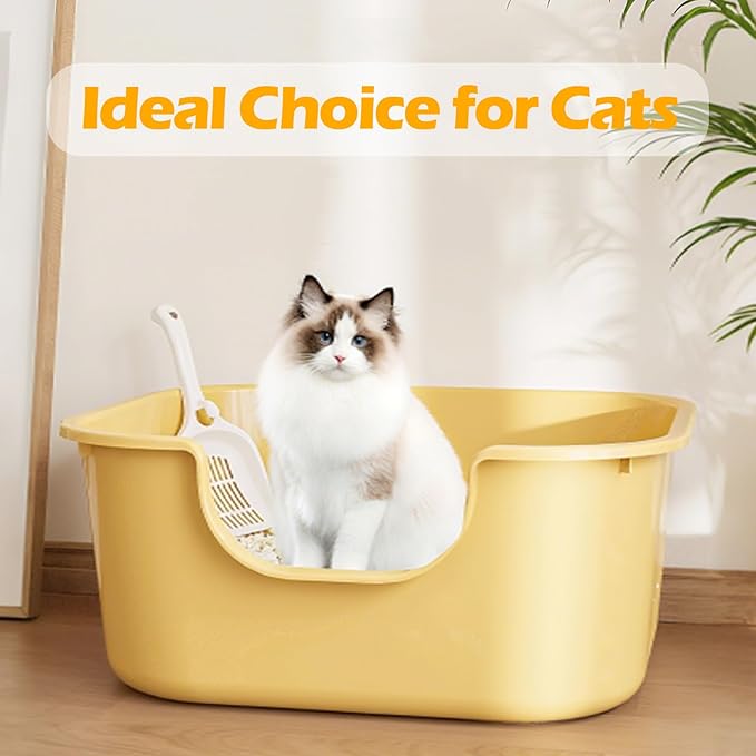 Large Cat Litter Box with High Sides,Low Entry Cat Litter Pan for Indoor Cats,Cat Box for Kittens & Senior Cats,Non-Slip Bottom,Anti-Splashing,Waterproof,Easy to Clean (White)