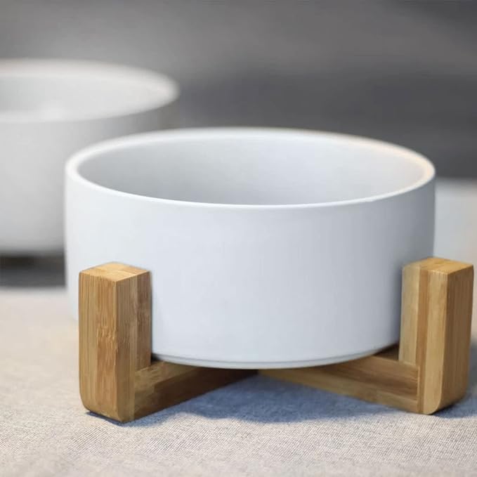 Petygooing Dog Bowls,White Ceramic Cat and Dog Bowl Set with Wood Stand for Food and Water, Non-Slip Cute Modern Pet Dish Set for Cats & Medium Dogs (28OZ)