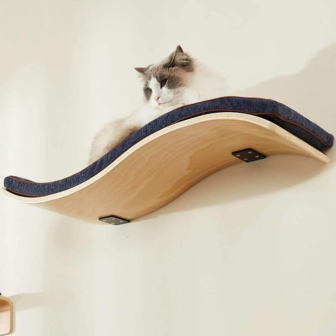 Cat Shelf with Comfortable Cushion - Wave Modern Cat Bed - Minimalistic Floating Cats Wall Perch - Wooden Wall Mounted Cats Furniture for Sleeping, Playing, Climbing, and Lounging