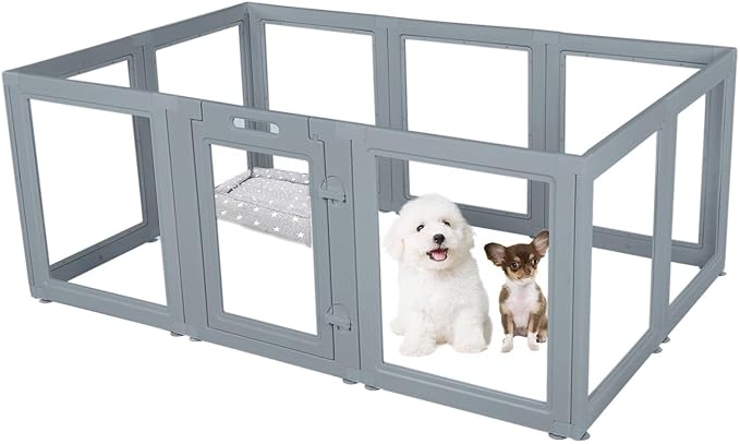 Clear Dog Play Pen - Easy Assemble Durable Plastic Acrylic Dog Playpen - Dog Playpen Indoor, Puppy Playpen, Cat Playpen, Small Animal Playpen, Dog Play Pen Indoors (Grey, 23.6" H, 10PCS)