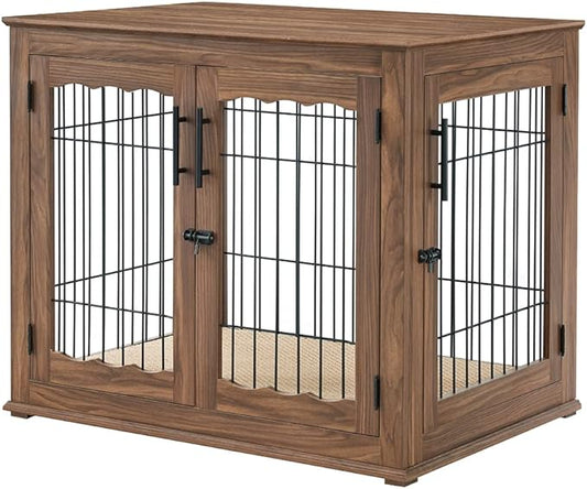 beeNbkks Furniture Style Dog Crate End Table, Double Doors Wooden Wire Dog Kennel with Pet Bed, Decorative Pet Crate Dog House Indoor Medium Large
