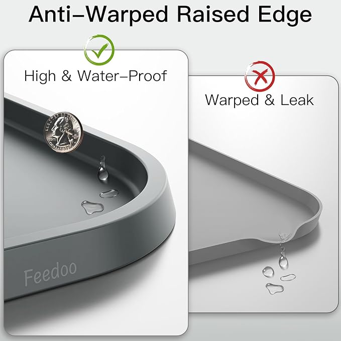 Pet Feeding Mat [Warped Resistant Raised Edge], Water-Proof Silicone Placement for Food Water Bowls, Anti-Slip Base Protect Floor, BPA-Free&Dishwasher-Safe [23.5x13.5inch Large, Gray]