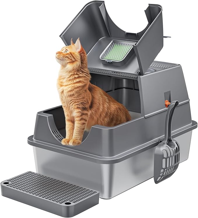 Stainless Steel Litter Box with Lid Large Enclosed High Sided Covered Metal Steel Cat Litter Box with Steps Scoop, Easy Cleaning, Odor Control, Front Entry Top Exit