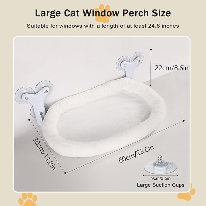 Cat Window Perch with 6 Strong Suction Cups,Includes Summer and Winter Removable Cushion - No Drill Installation,50LBS Support Foldable Cordless Cat Beds for Indoor Cats(Large)